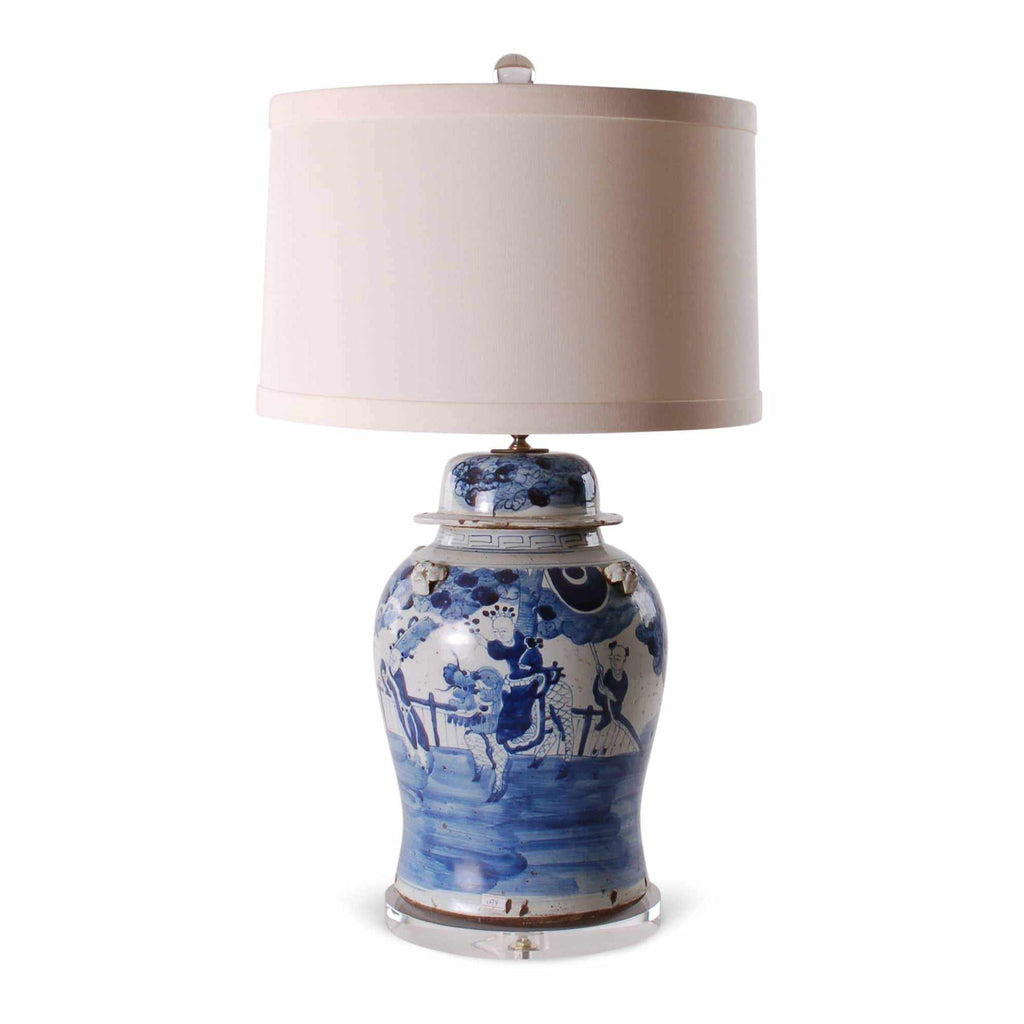 29" Blue & White 'Qilin Brings a Child' Temple Jar Lamp by Avala