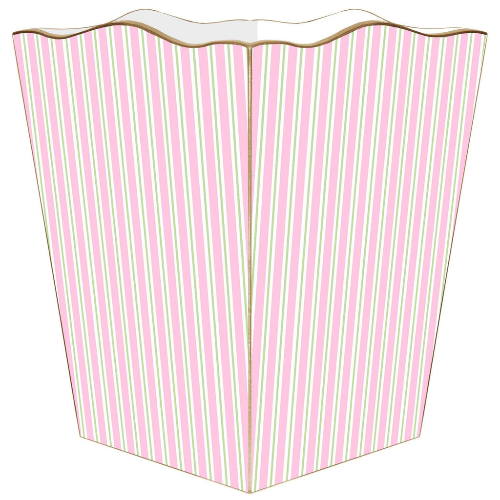 Marye-Kelley - WB1122-Pink & Green Stripe Wastepaper Basket: Scalloped Top by Marye-Kelley