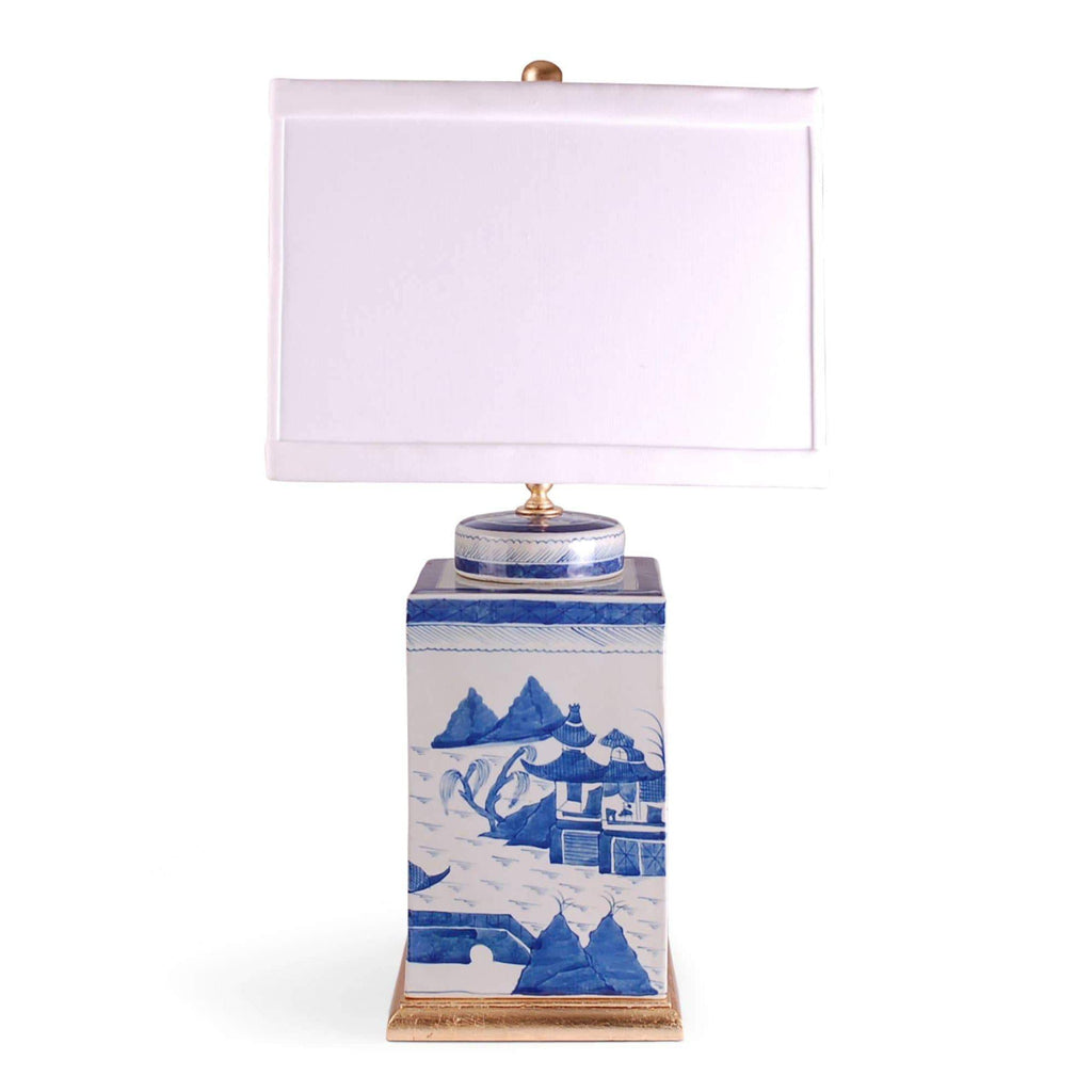 26" Blue and White Canton Square Tea Caddy Lamp by Avala