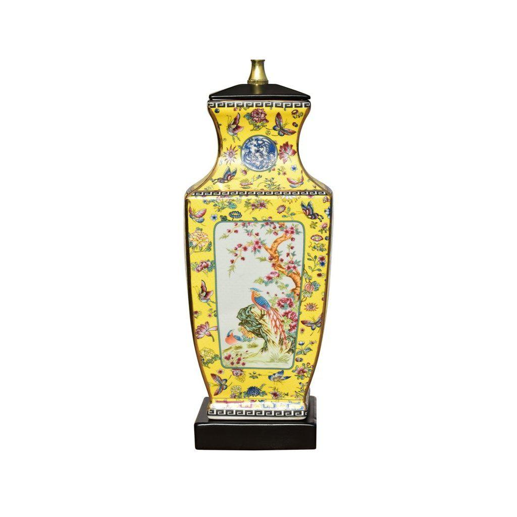 27" Famille Jaune Bird & Butterfly Square Rouleau Vase Lamp by East Enterprises