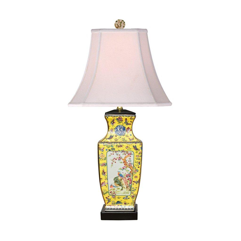 27" Famille Jaune Bird & Butterfly Square Rouleau Vase Lamp by East Enterprises