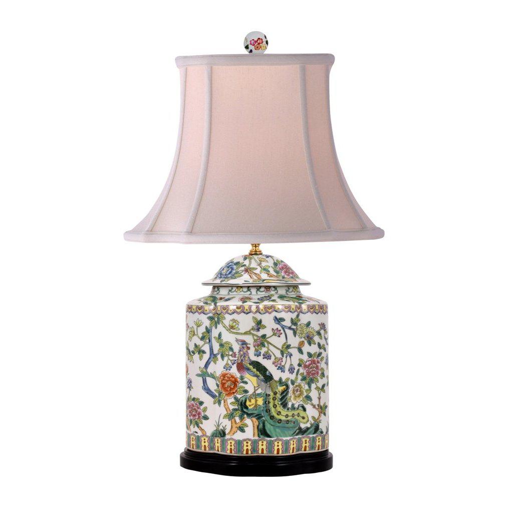 29" Famille Rose Peacock & Peony Tea Caddy Lamp by East Enterprises