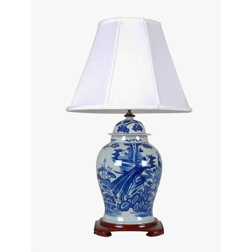 33" Blue & White Peacock and Peony Temple Jar Lamp by Avala