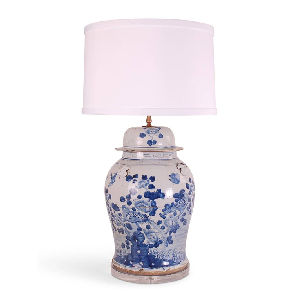 34" Blue & White Bird and Flower Temple Jar Lamp by Avala