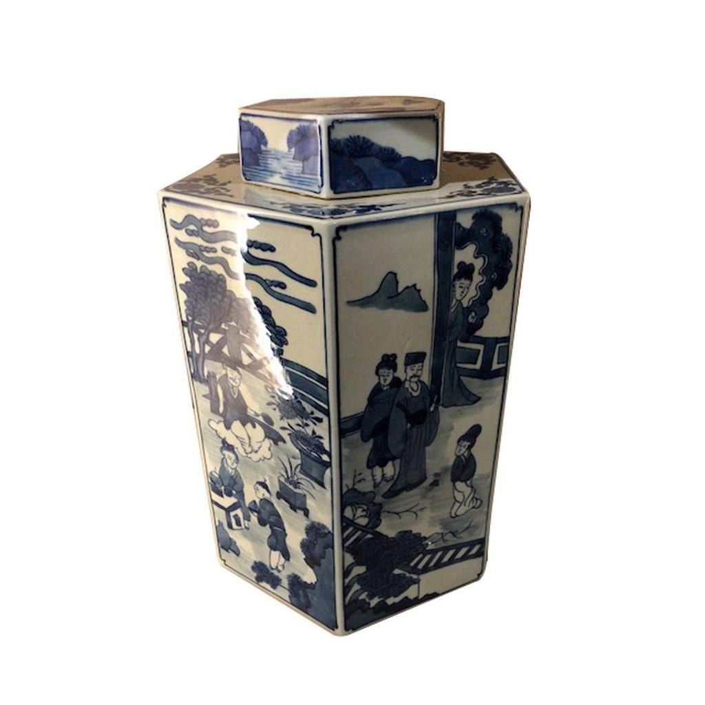 Blue & White Hexagonal Tea Jar with Figural Scenes by Dessau Home