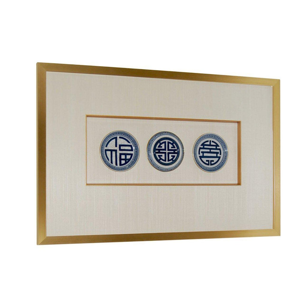 Framed Set of Three Blue & White Sanxing Symbol Plates by Dessau Home